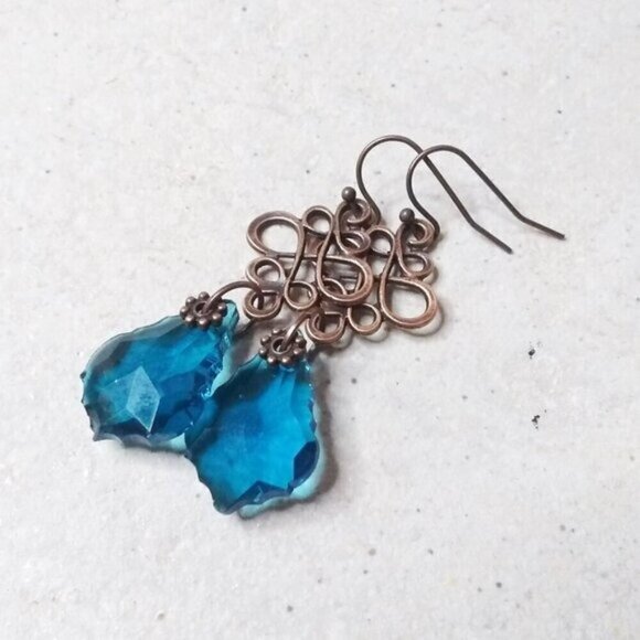 Teal Blue Fancy Cut Glass Drop Earrings - Blue & Copper! Dress Up + Feel Sexy! - Picture 4 of 9